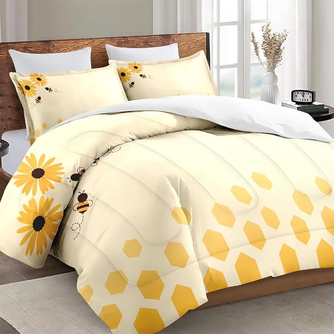Comforter Set with 2 Pillowcases King Size, Honey Bee Themed Yellow Sunflower, Bed Decor Cute Daisy Flower Bumble Honeycomb for Kids and Adults, Soft Cozy Bedroom Bedding Set