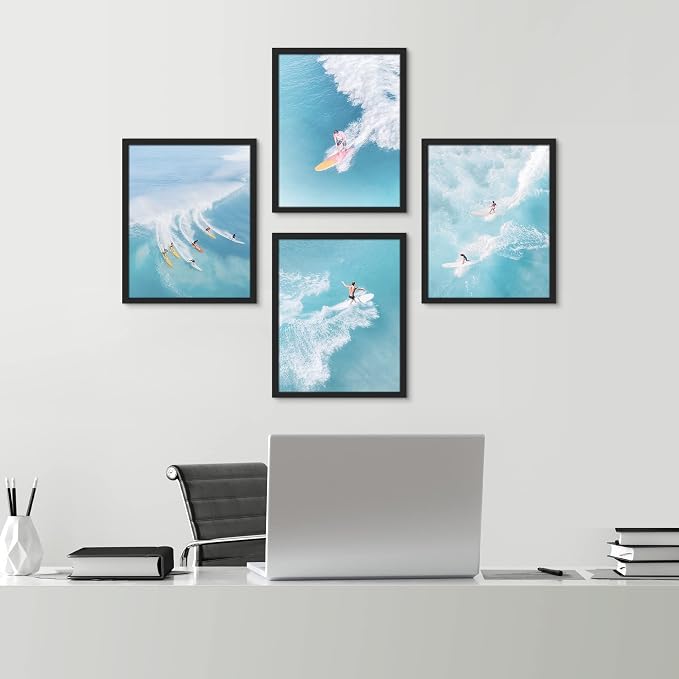 SIGNWIN Framed Ocean Nautical Landscape Wall Art, Set of 4 Surfing Surfboard Aerial View Wall Decor Prints, Nature Wilderness Wall Décor for Living Room, Bedroom Black - 12"x16" Black
