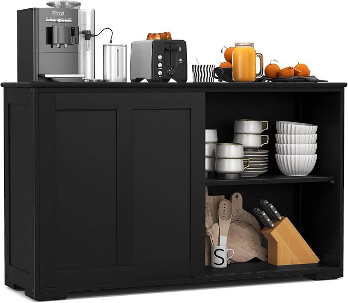 Sideboards Buffet Cabinet with Storage, Sliding Door Coffee Bar, Console Table with Adjustable Shelf, Credenzas for Living Room, Stackable Kitchen Cupboard for Dining Room (Black)