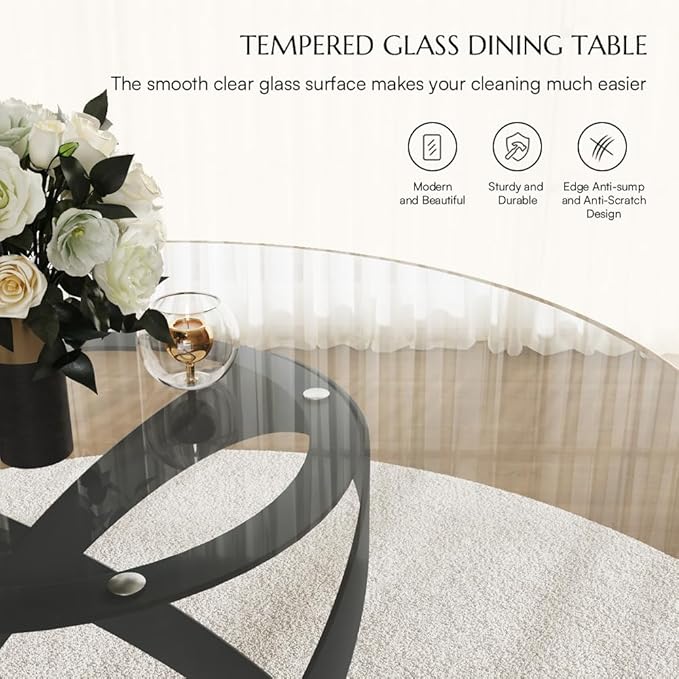 POVISON 51" Modern Round Dining Table, Glass Round Kitchen Table for 4, Tempered Glass Dining Room Table top with Black X Carbon Steel Base (Dining Table Only)