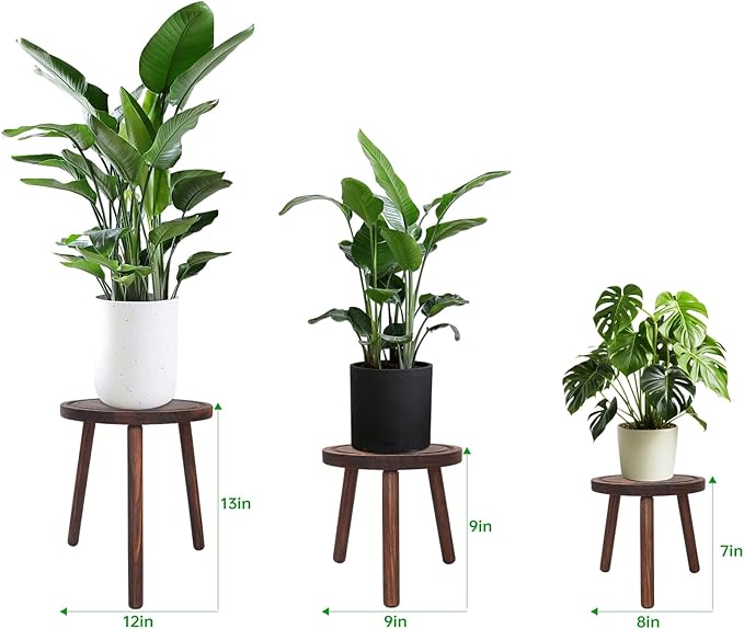 3-Pack Wood Plant Stands Indoor, Single Plant Stand for 6-12 Inch Pots, Mid-Century Modern Plant Stool, Tall Plant Stand for Large Plants for Living Room, Balcony, Office