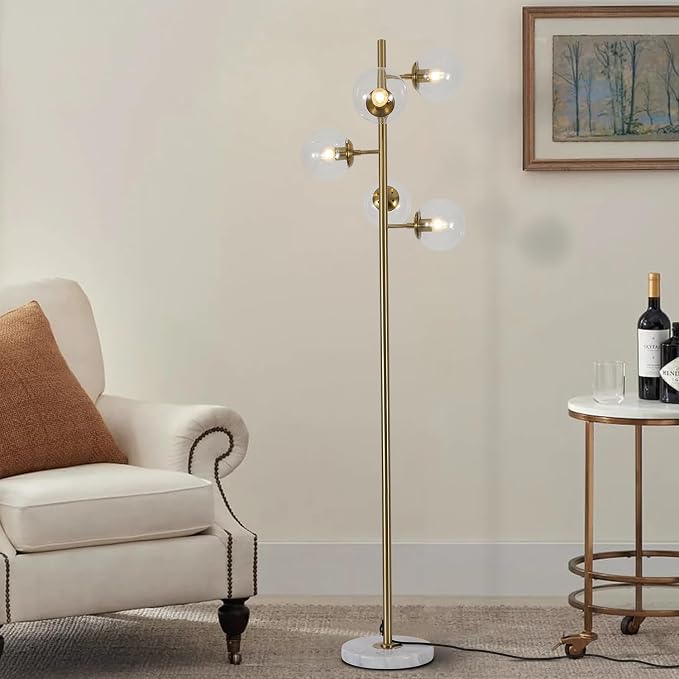 KCO Lighting Clear Bubble Glass Floor Lamp Nordic Globe Floor Lamp Brass Floor Light Vintage Gold Floor Lamps Modern Tall Standing Lamp for Living Room Bedroom Office