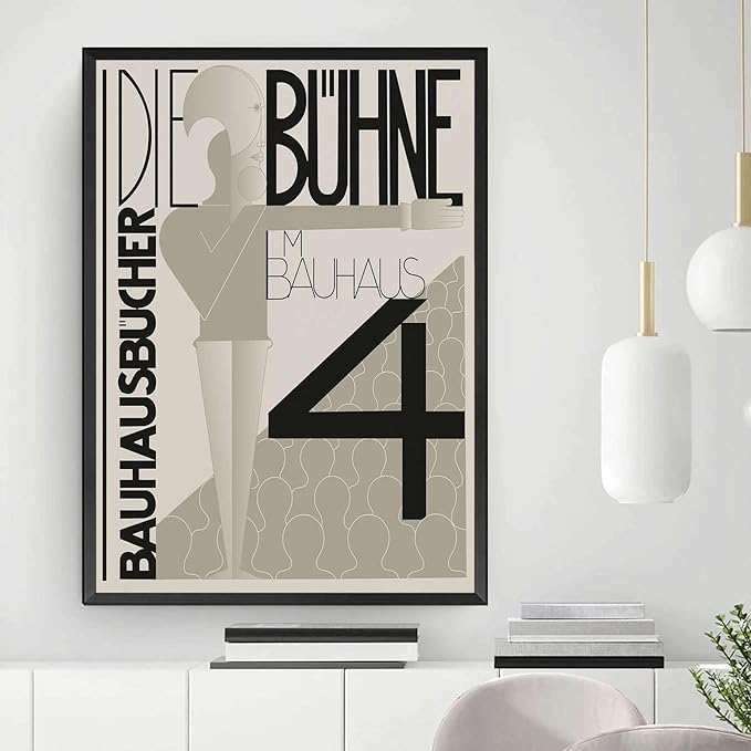 Canvas Painting Poster and Print Bauhaus Graphic Design Exhibition Poster Black White Modern Scandinavian Wall Art Abstract Line Typography Decor Modern Art Decoration for Living Room Bedroom and Office 16x24inch metal frame