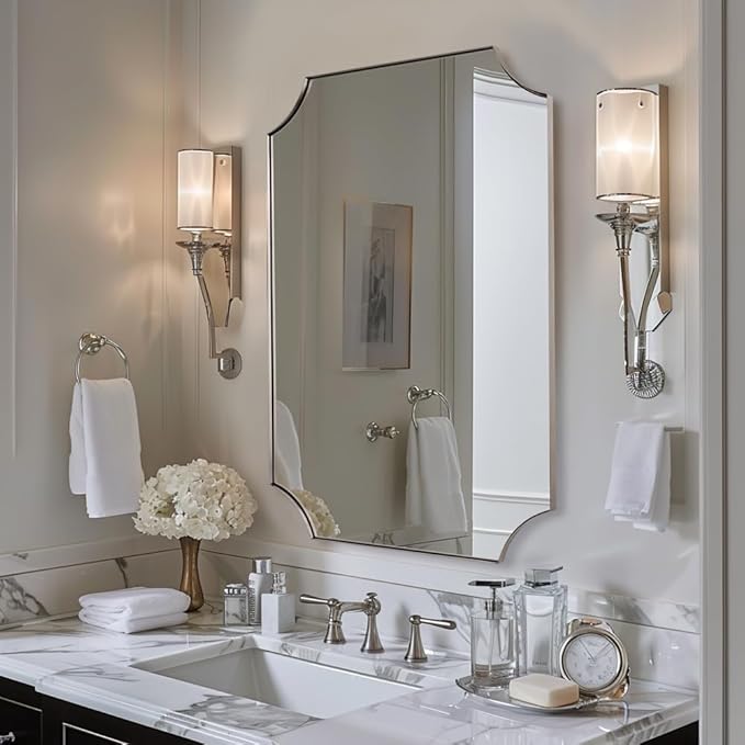 ANDY STAR Brushed Nickel Mirror 22x30 Inch, Scalloped Bathroom Mirror, Silver Bathroom Mirror in Anti-Rust Stainless Steel Metal Thin Frame Deep 1’’, Wall-Mounted Mirror (Horizontal/Vertical)