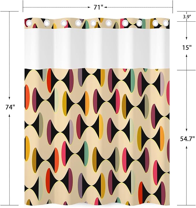 No Hook Shower Curtain with Snap in Liner Set, Mid Century Modern Geometric Abstract Print Shower Curtains for Bathroom, Waterproof Bath Tub Curtain with Mesh Top, 71W x 74H
