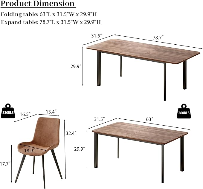 63"- 78.7" Extendable Dining Table Set for 8, Modern Kitchen Table with Dining Chairs for 6-8 Person, Thickened Expandable MDF Wooden Table with Metal Leg for Dining Room, Kitchen, Living Room