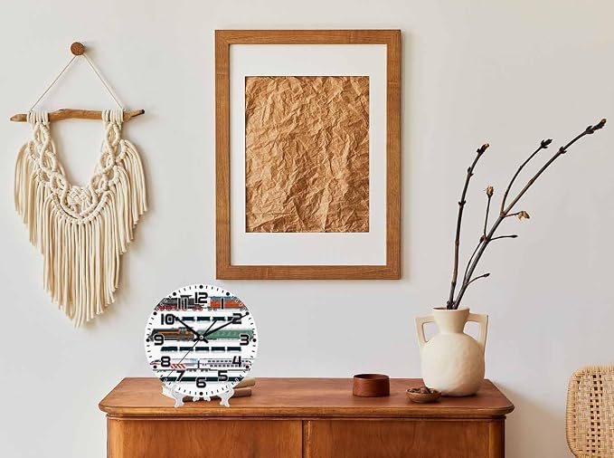 Train Wall Clock 10 inch Round Running on The Track Silent Non Ticking Wood Wall Clocks Battery Operated Easy to Read Decorative Wall Clock for Bedroom Kitchen Living Room Bathroom