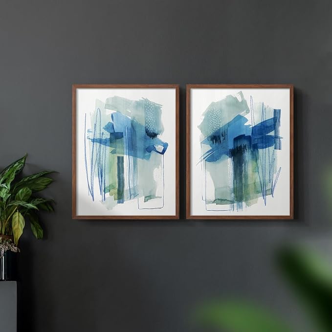 Renditions Gallery Set of 2 Peel & Stick Framed Prints, Modern Abstract Wall Art, Blue and Neutral Bold Brushstrokes Wall Decor, Re-Stickable - Ready to Hang - 22"x28" - Walnut Frame LT588