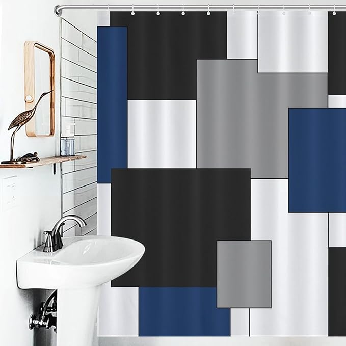 Retro Geometric Shower Curtain,Blue Black Modern Geometry Minimalist Neutral Design Bathroom Curtain Polyester Waterproof Fabric Decor 66x72in（168x183cm）
