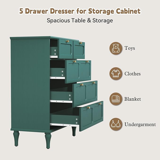 ARTPOWER 5 Drawers Dresser for Bedroom, 40" Tall Wood Mid Century Modern Chest of Drawers, Closet Clothes Storage Organizer for Living Room, Hallway, Entryway, Green