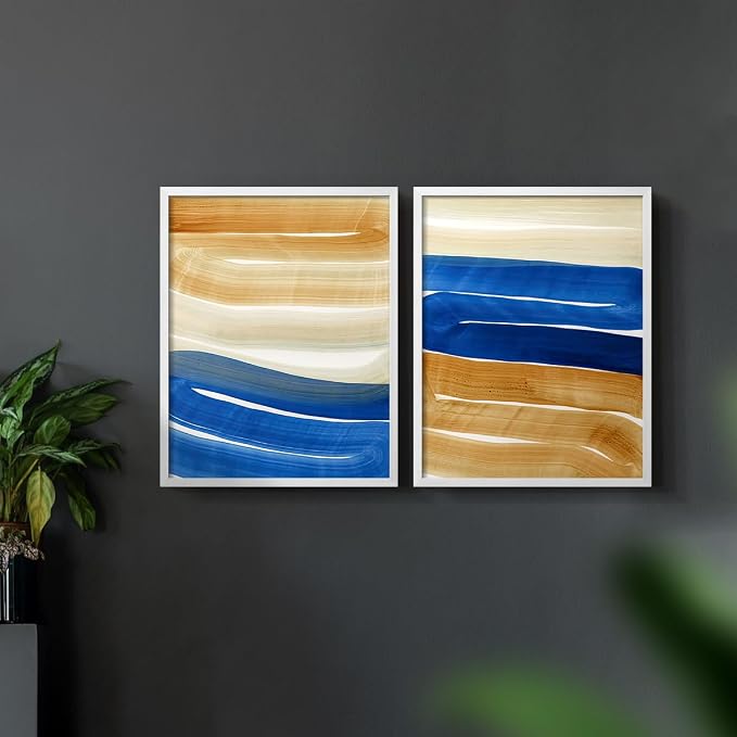 Renditions Gallery Set of 2 Peel & Stick Framed Prints, Abstract Wall Art, Blue and Gold Wave Textured Background Wall Decor, Re-Stickable - Ready to Hang - 8"x10" - White Frame LT588