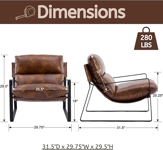 LukeAlon Modern PU Leather Accent Armchair, Upholstered Soft Living Room Chair with Black Metal Frame Thickened Cushion Single Sofa Chair Comfy Lounge Chair for Bedroom Living Room, Brown