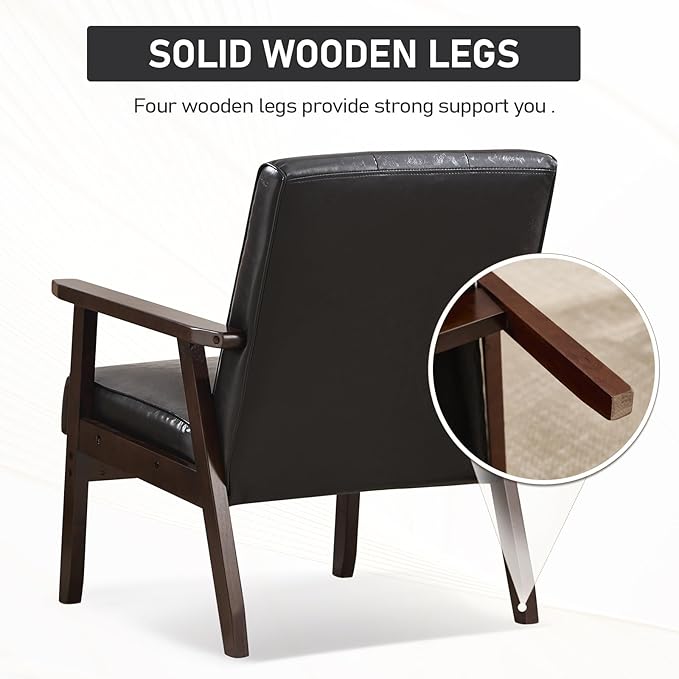 Bonzy Home Mid Century Modern Accent Chairs Set of 2 for Living Room, Upholstered Faux Leather Armchair Comfy Retro Bedroom Side Chair with Solid Wood Frame, Black