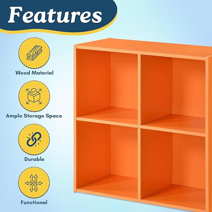 Kings Brand Furniture George 4-Cube Storage Organizer, 2-Tier Bookcase with Wood Shelves for Living Room, Bedroom, Nursery, or Home Office (Orange, 1-Pack)
