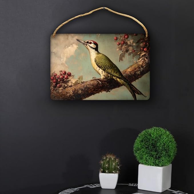 Retro Woodpecker on Berry branches Wooden Sign 12x8 Inch, Nature Art for Country-Inspired Homes, Living Room Highlight, Great Gift for Bird Collector Fans & Nature Enthusiasts