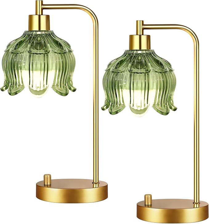 Glass Table Lamp Set of 2,Small Gold Bedside Lamps Dimmable Boho Bedroom Lamp with Tulip Flower Green Lamp Shade,Vintage Mid Century Modern Mini Nightstand Lamp for Bedroom Living Room