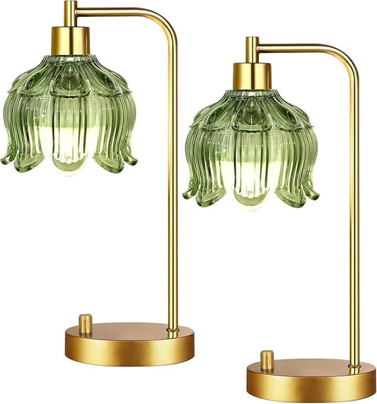 Glass Table Lamp Set of 2,Small Gold Bedside Lamps Dimmable Boho Bedroom Lamp with Tulip Flower Green Lamp Shade,Vintage Mid Century Modern Mini Nightstand Lamp for Bedroom Living Room