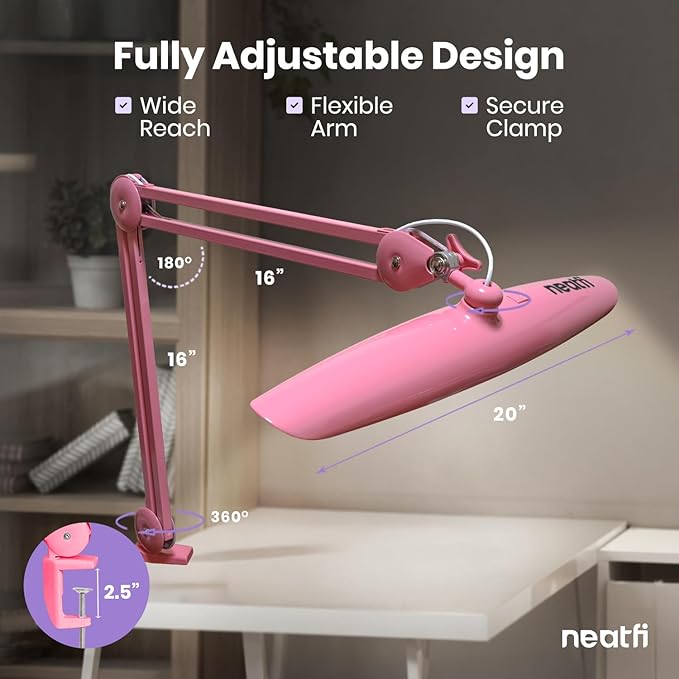 Neatfi XL Nail Desk Lamp with Clamp, 2200 Lumens, 20-Inch Wide Head, Dimmable 4 Levels, 3 Color Modes 3000K–6000K, LED Task Light for Manicure Table, Crafts, Workbench, Office (CCT, Pink)