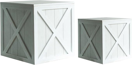 COLLECTIVE HOME - Wood Storage Ottoman, Rustic Storage Stool, 2 Pack Cube Seat Foot Rest Stool, Accent Side Table, Metal Storage Bin for Living Room Furniture, 16"/12" (White, barn Door)