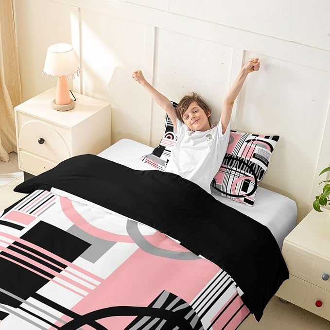 Erosebridal Art Deco Mid Century Duvet Cover Set Retro Modern Abstract Geometric Girl Toddler Bedding Set for Child Boys Black and White Pink Circles Stripes Comforter Cover Contemporary Bed Sets