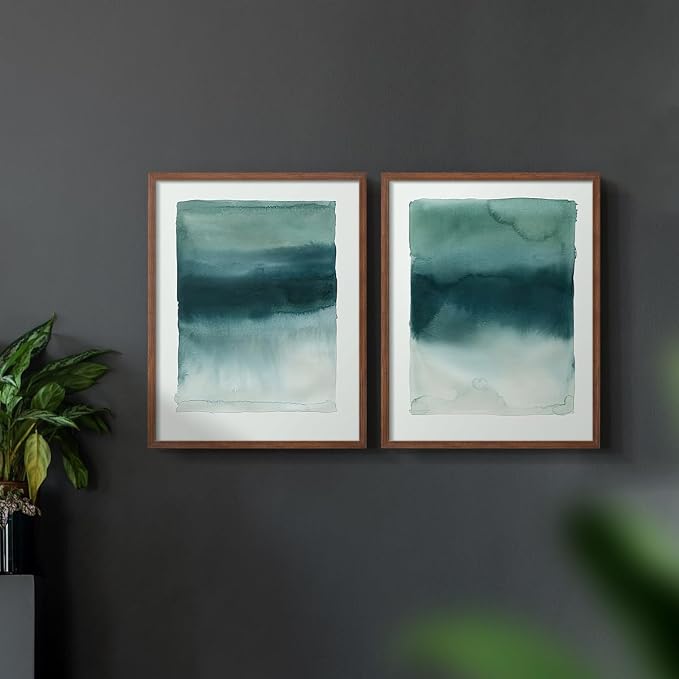 Renditions Gallery Set of 2 Peel & Stick Framed Prints, Tie Dye Abstract Wall Art, Sage Green Watercolor Horizon Wall Decor, Re-Stickable - Ready to Hang - 8"x10" - Walnut Frame LT588