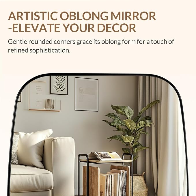 ANDY STAR 18x48 Full Length Wall Mirror, Matte Black Oblong Shaped Body Mirror with Stainless Steel Metal Frame, Rounded Corner Design for Floor and Leaning