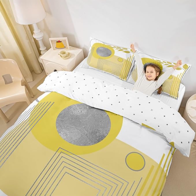 Erosebridal Yellow and White Abstract Boho Duvet Cover Toddler Size Minimalist Aesthetic Neutral Comforter Cover Mid Century Modern Bedding Set Botanical Leaves Geometric Bed Set