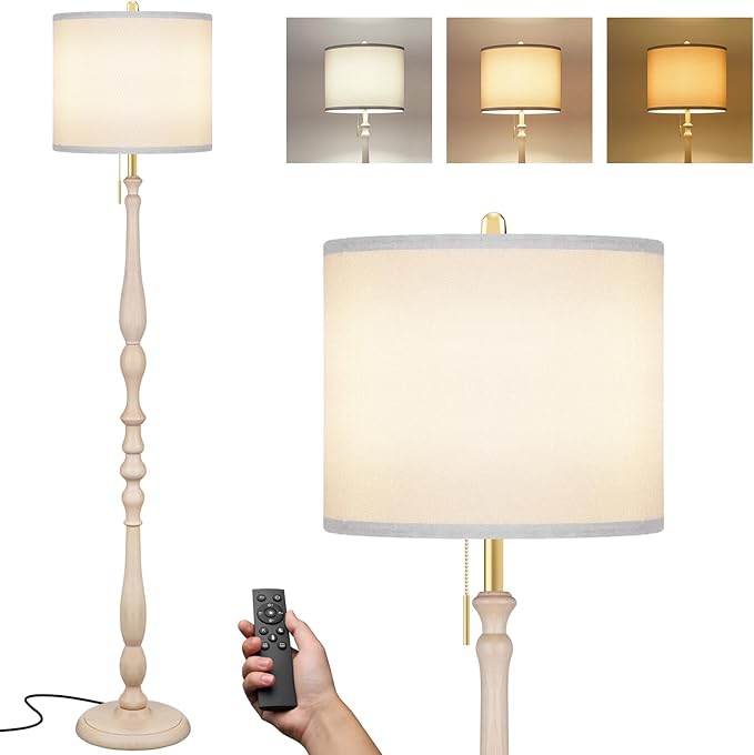 Wood Floor Lamp for Living Room,Farmhouse Standing Lamp with Remote & Dimmable 9W Bulb, Mid Century Standing Tall Lamps for Bedroom Corner Floor Lamps for Nursery, Office, Reading (Antique White)