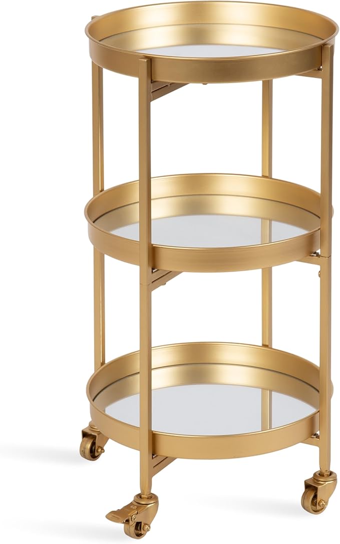 Kate and Laurel Celia Modern 3-Tier Bar Cart, 16 x 16 x 29, Gold, Decorative Round Rolling Serving Cart with Lockable Wheels and Three Tiers of Storage and Display Space