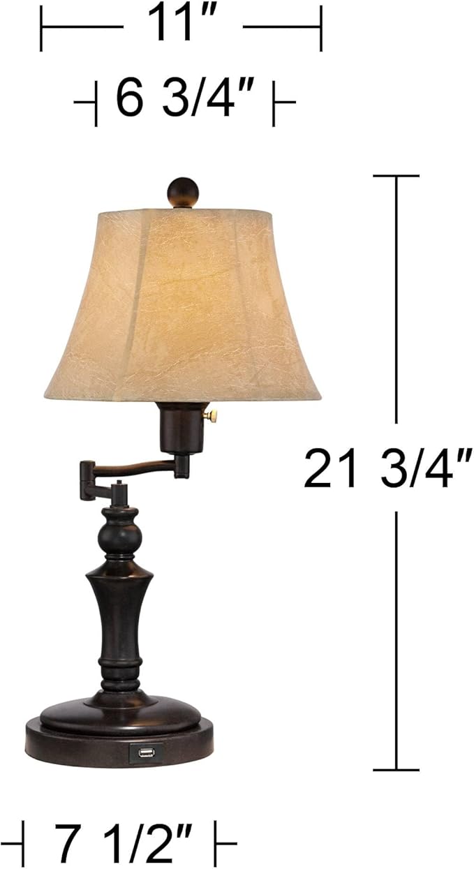 Regency Hill Corey 21 3/4" High Small Farmhouse Rustic Traditional Desk Lamps Set of 2 USB Port with Socket Swing Arm Brown Bronze Finish Metal Shade Home Office Living Room Charging Bedroom Bedside