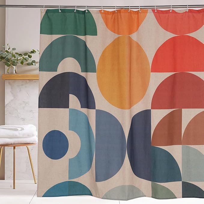 Mid Century Geometric Linen Shower Curtain Sets,Multicolor Geometry Bath Curtain,Modern Boho Abstract Art Bath Curtain for Bathroom with 12 Hooks, 72 x 72 Inches
