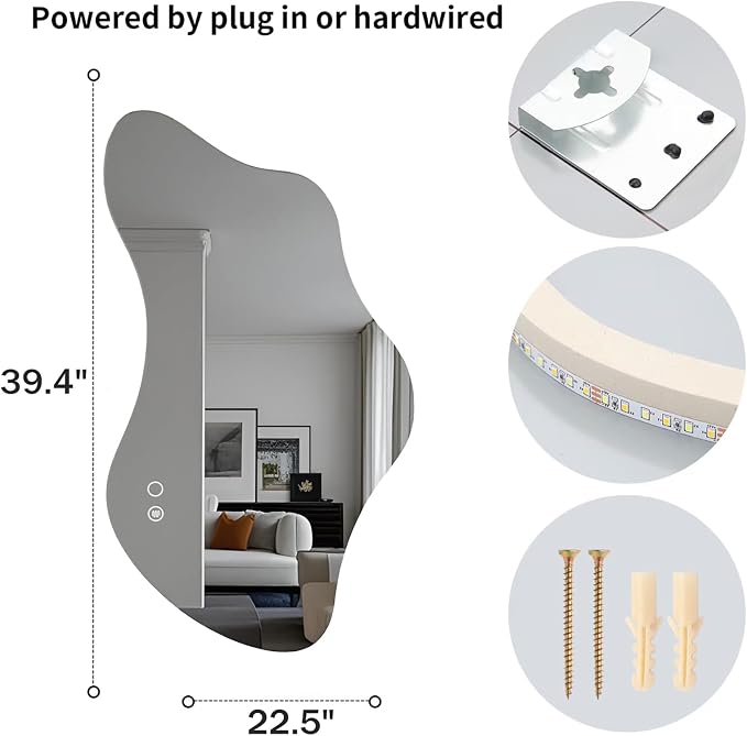 39.4″ Asymmetrical Bathroom Mirror with Lights, LED Irregular Wall Mirror, Abstract Modern Lighted Vanity Mirror for Wall, Anti-Fog, Dimmable, Horizontal/Vertical