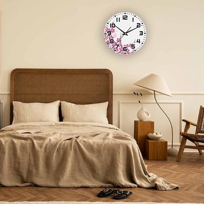 Flower Branches Wall Clock 10 inch Round Pink and Purple Silent Non Ticking Wood Wall Clocks Battery Operated Easy to Read Decorative Wall Clock for Bedroom Kitchen Living Room Bathroom