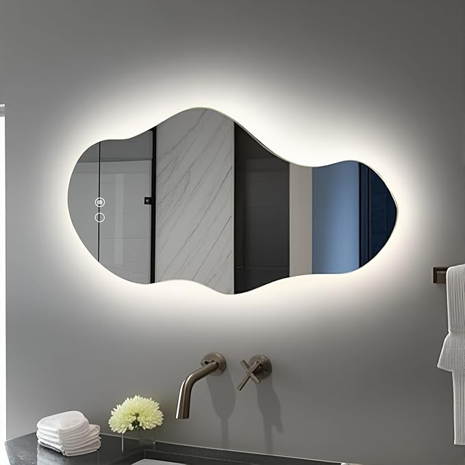 Modern Irregular LED Bathroom Mirror with Lights, Asymmetrical Frameless Smart Lighted Wall Mirror for Living Room Entryway, Large Decorative Makeup Vanity Mirror with Touch Switch(29.2″x51.2″)