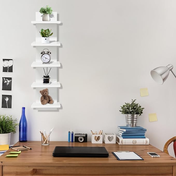 5 Tier Shelves for Wall, Decorative Wall Mounted Vertical Shelving Column Decor 30 Inch H Mounted Floating Storage Organizer Natural Finish Wall Shelf for Living Room, Bedroom, Bathroom
