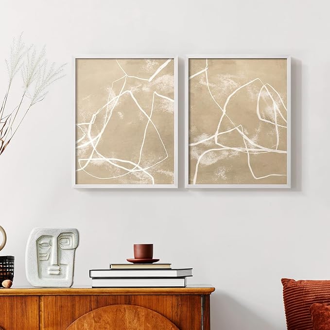 Renditions Gallery Set of 2 Peel & Stick Framed Prints, Neutral Abstract Wall Art, Beige Line Art Pattern Wall Decor, Re-Stickable - Ready to Hang - 22"x28" - White Frame LT588
