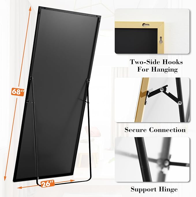 OLIXIS Gold Full Length Mirror 60"x16" for Bedroom, Full Body Mirror with Stand, Hanging or Leaning for Wall, Aluminum Alloy Thin Frame Floor Standing for Living Room, Long