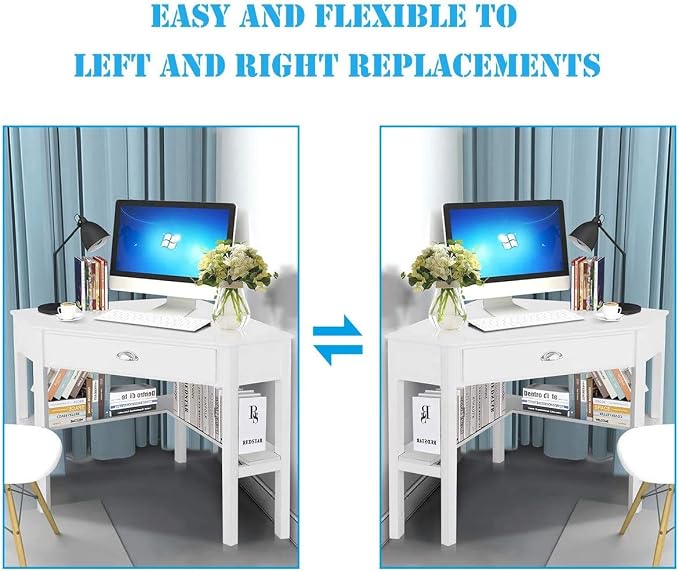 Nightcore Corner Desk for Small Space, Wood Corner Computer Desk, Compact Writing Table w/Drawer & Storage Shelves, Space Saving Study Workstation, Laptop PC Corner Table for Home Office