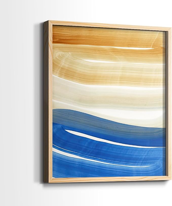 Renditions Gallery Set of 2 Peel & Stick Framed Prints, Abstract Wall Art, Blue and Gold Wave Textured Background Wall Decor, Re-Stickable - Ready to Hang - 22"x28" - NATURAL WOOD Frame LT588