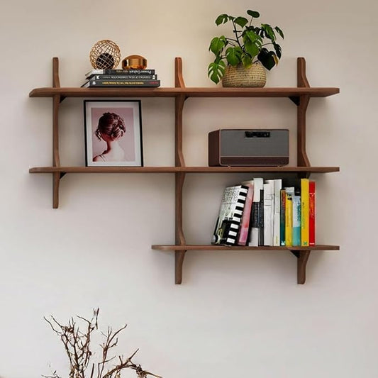 Mid-Century Modern L-Shaped Floating Wall Shelf, 3-Tier Wooden Bookcase, Stylish Grid Display Shelf for Home, Cafe, Office Decor