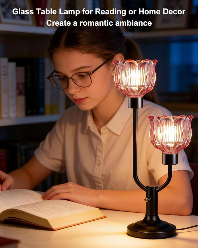 Lightdot Mid Century Modern Red Table Lamp Dimmable Vintage Black Flower Desk Lamp Lotus Glass Nightstand Lamp 2 Bulbs Included Warmwhite Ambient Bedside Lamp for Living Room Bedroom Home Office Decor