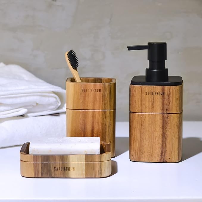 Bathroom Accessories Set 3 Piece Bath Ensemble Includes Soap Dispenser, Bathroom Tumbler, Soap Dish Accessories for Decorative Countertop and Housewarming Gift,Acacia Wood