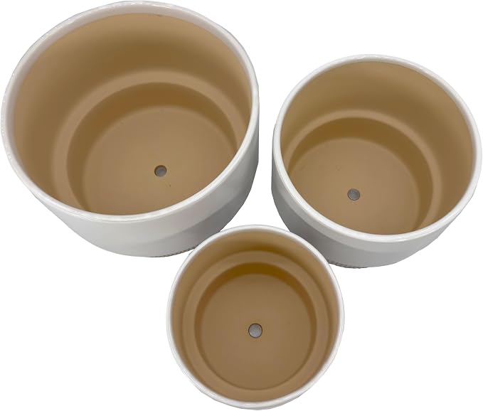Galt International Set of 3 (8", 10", 12") Mid Century Modern Off White Flat Ribbed Ceramic Planter Pots Flower Pot Indoor House Plants Decor w/Drainage Hole & Plug