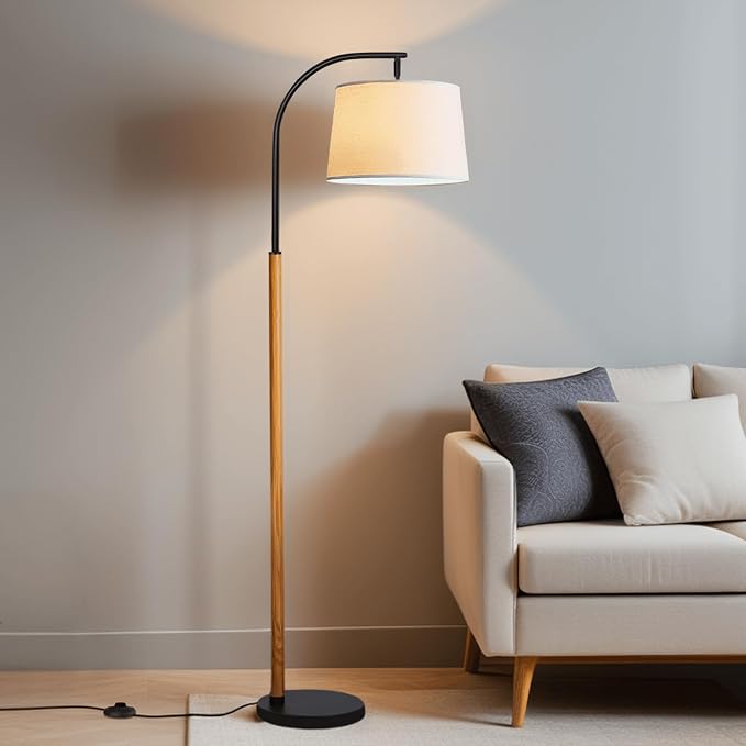 65” Brown Black Arc Floor Lamp for Living Room, 1200 Lumens 3-Level Brightness Mid Century Modern Floor Lamp for Bedroom, Wood Arc Standing Tall Lamp, Adjustable Lampshade, LED Bulb Included