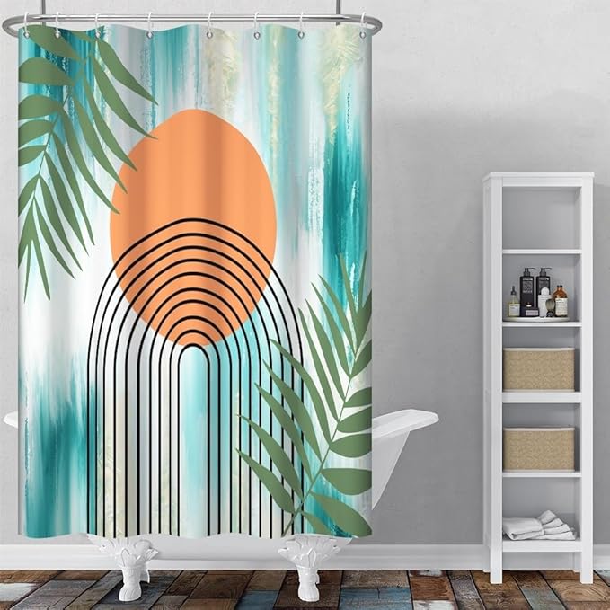 Modern Boho Teal Shower Curtain for Bathroom Abstract Minimalist Bathroom Decor Set Green Leaves Arch Orange Sun Bathtub Curtains Machine Washable Waterproof Polyester Fabric with Hooks 48x72 Inch