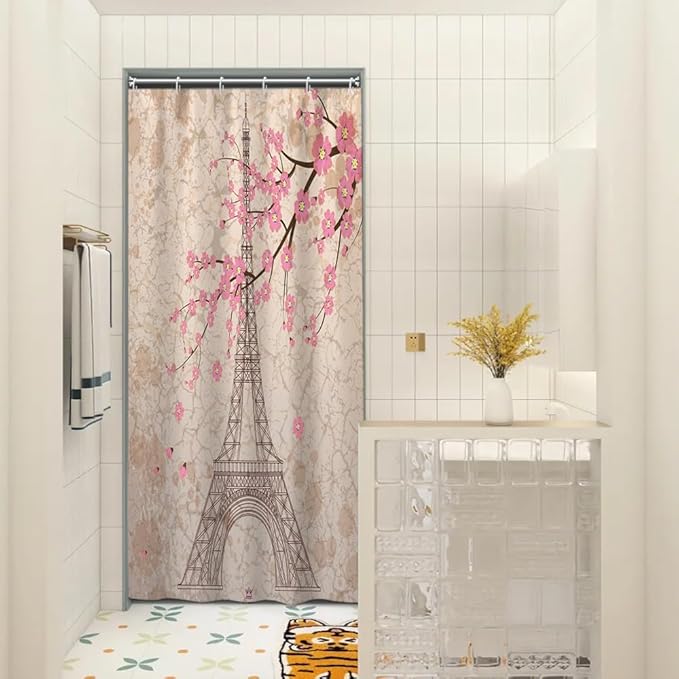 Paris Eiffel Tower Shower Curtain Pink Cherry Blossom Vintage Romantic France Scenery Shower Curtains Stall Bathroom Accessories Waterproof Polyester Fabric with Hooks, 36 x 72 Inch