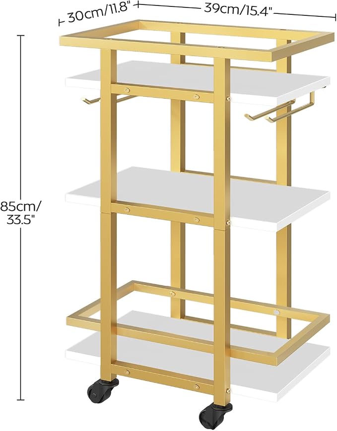 YATINEY 3 Tier Bar Cart, Home Bar Serving Cart with Wheels, Drink Cart with Glass Holder, Beverage Cart, Mobile Kitchen Cart, for Home, Garden, Party, Gold BC09DW