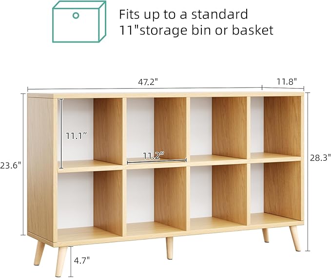 8 Cube Storage Organizer, Mid-Century Modern Wooden Bookcase with 5 Solid Wood Legs, Horizontal Cubby Bookshelf Fits 11 Inch Bins, Versatile Console TV Stand for Living Room, Kids Room, Natural