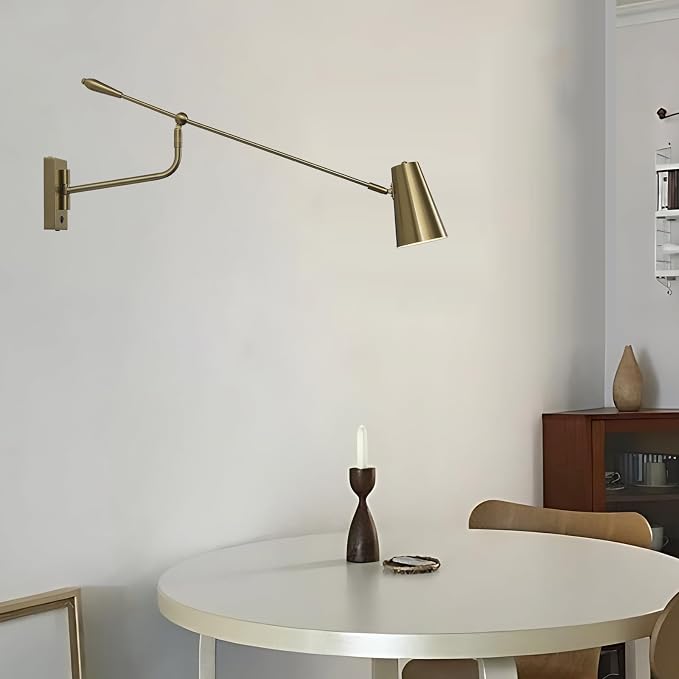 Rotatable Activity Adjustable Direction Swing Arm Wall Lamp, Dual Power Modes Plug-in/Hardwired, Indoor Large Gold Wall Mounted Lights for Bedroom Living Room Dining Room, E26 Bulb