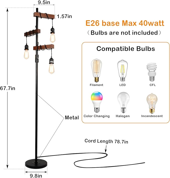 Industrial Floor Lamp, Farmhouse Tree 68 Inch 3 Lights Wood Standing Lamp, Sturdy Base Tall Vintage Metal Black Pole Light for Living Room Bedroom Office Rustic Home